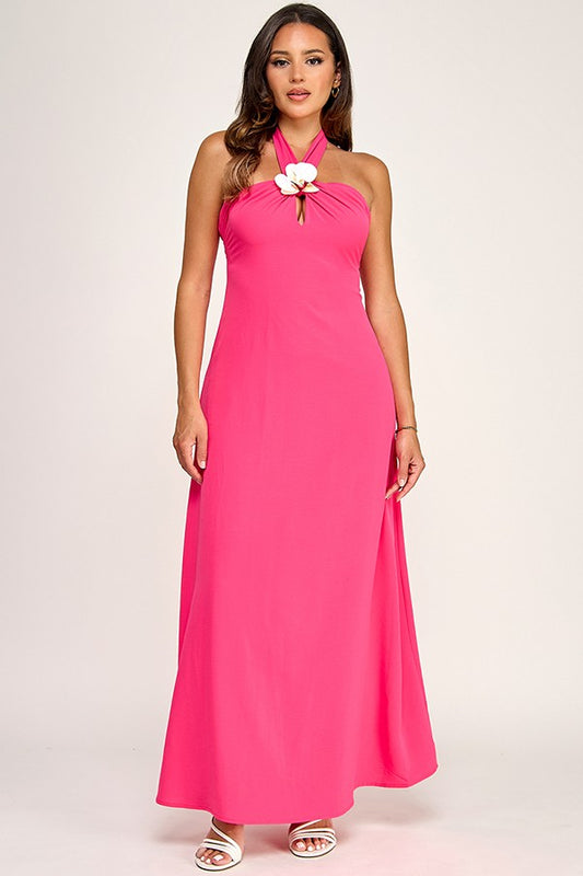 Orchid Flower Neck Detail Maxi Dress