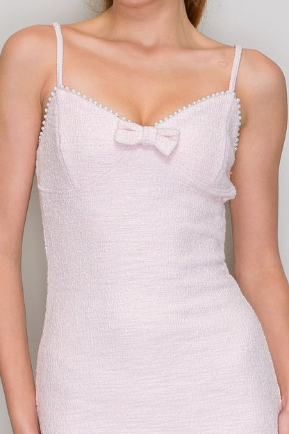 Pearl Trim Bow Detail Tweed Sleeveless Dress