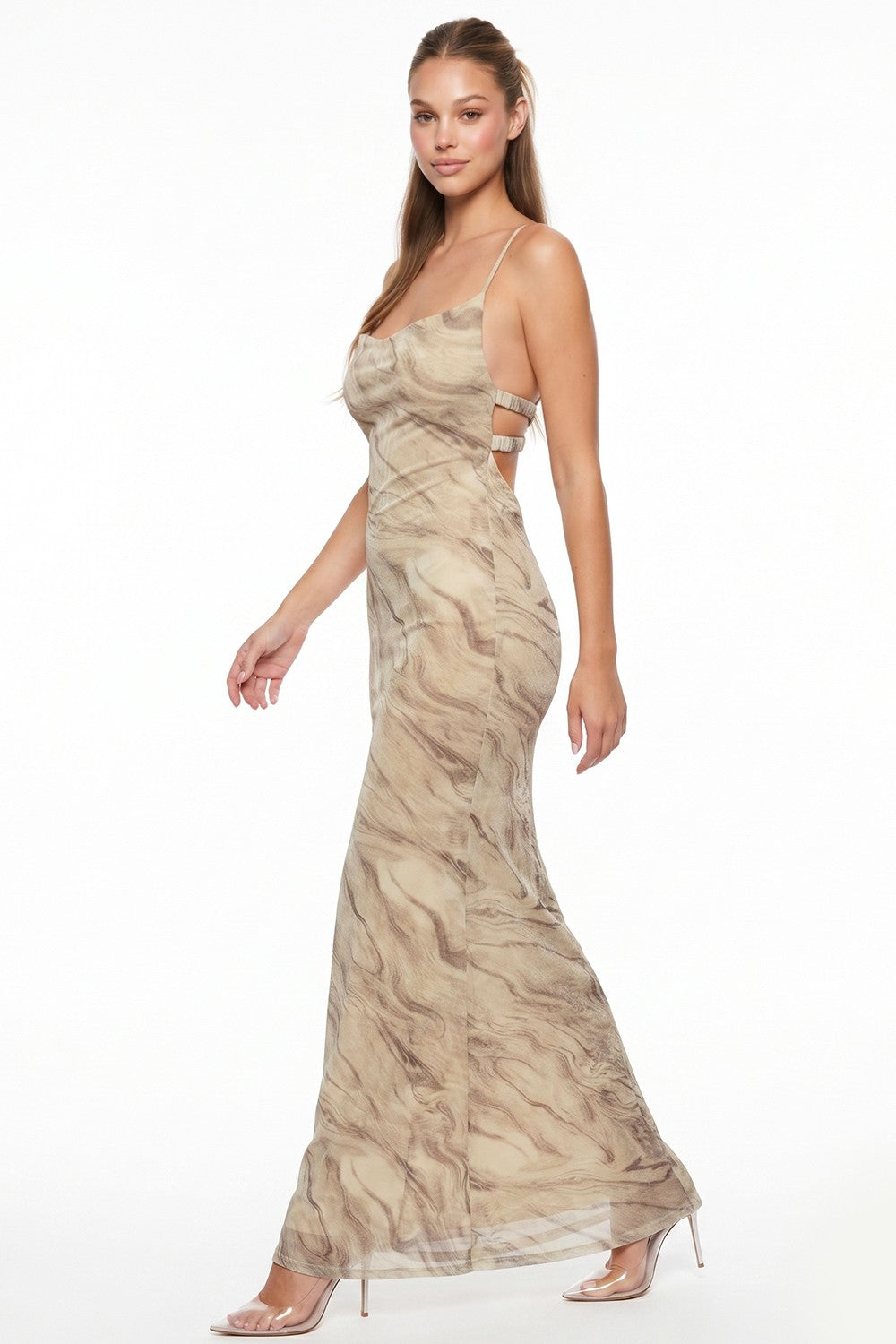 Marble Print Cowl Open Back Sleeveless Maxi Dress