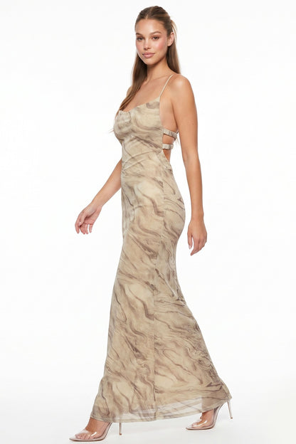 Marble Print Cowl Open Back Sleeveless Maxi Dress