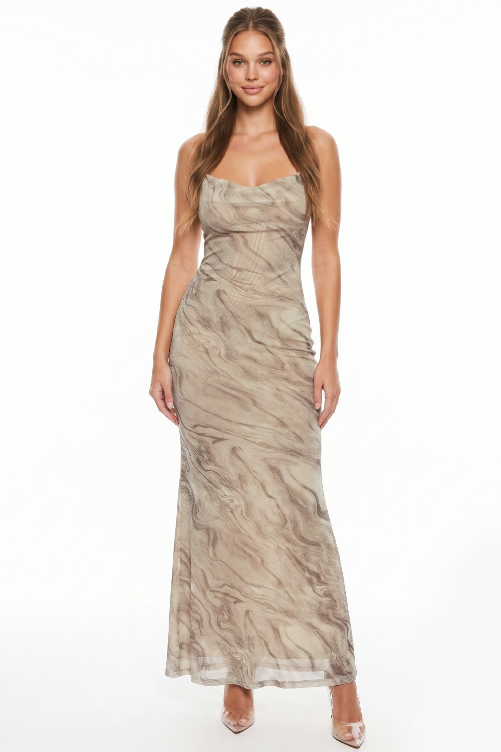 Marble Print Cowl Open Back Sleeveless Maxi Dress