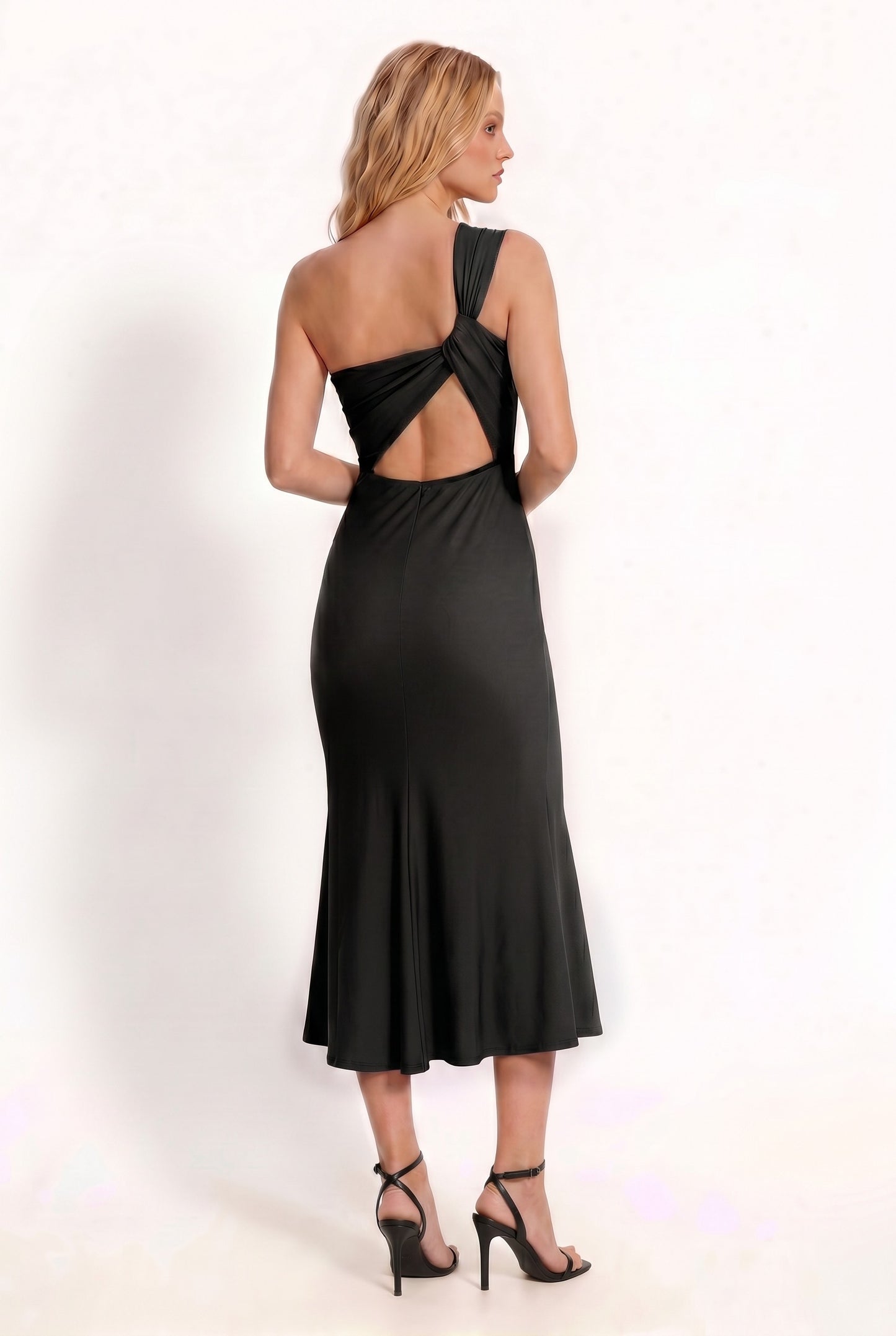 One-shoulder Back Twist Sleeveless Midi Dress