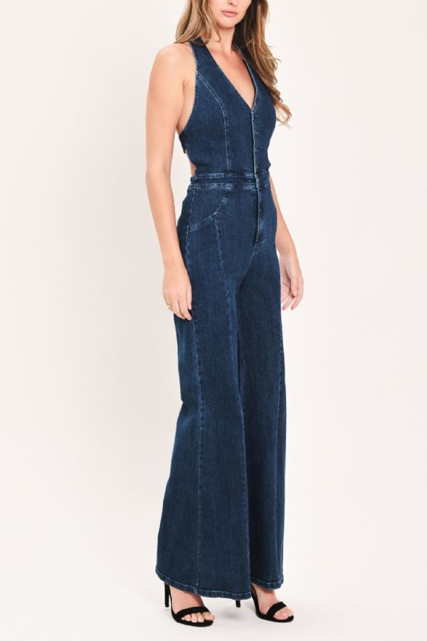 open back halter denim flared jumpsuit