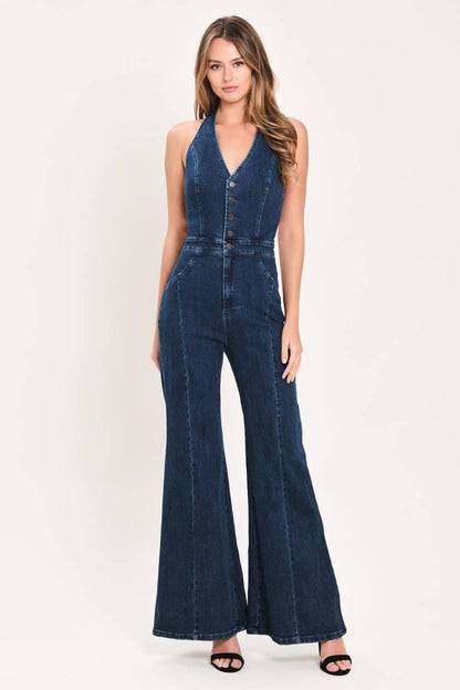 open back halter denim flared jumpsuit