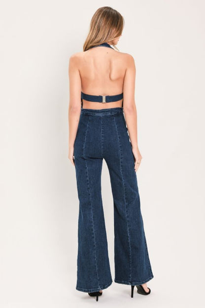open back halter denim flared jumpsuit