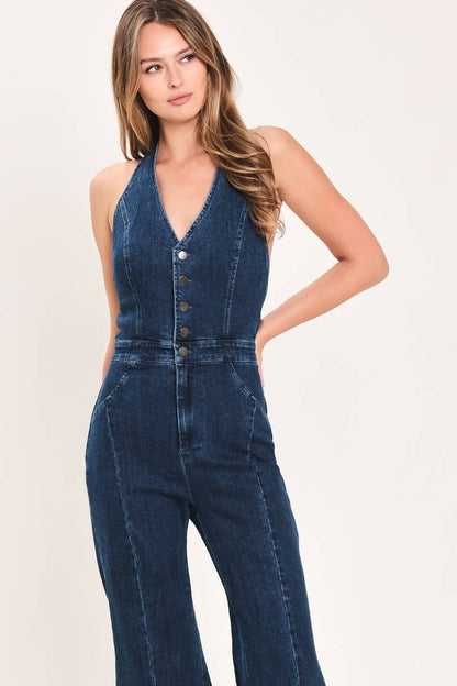 open back halter denim flared jumpsuit