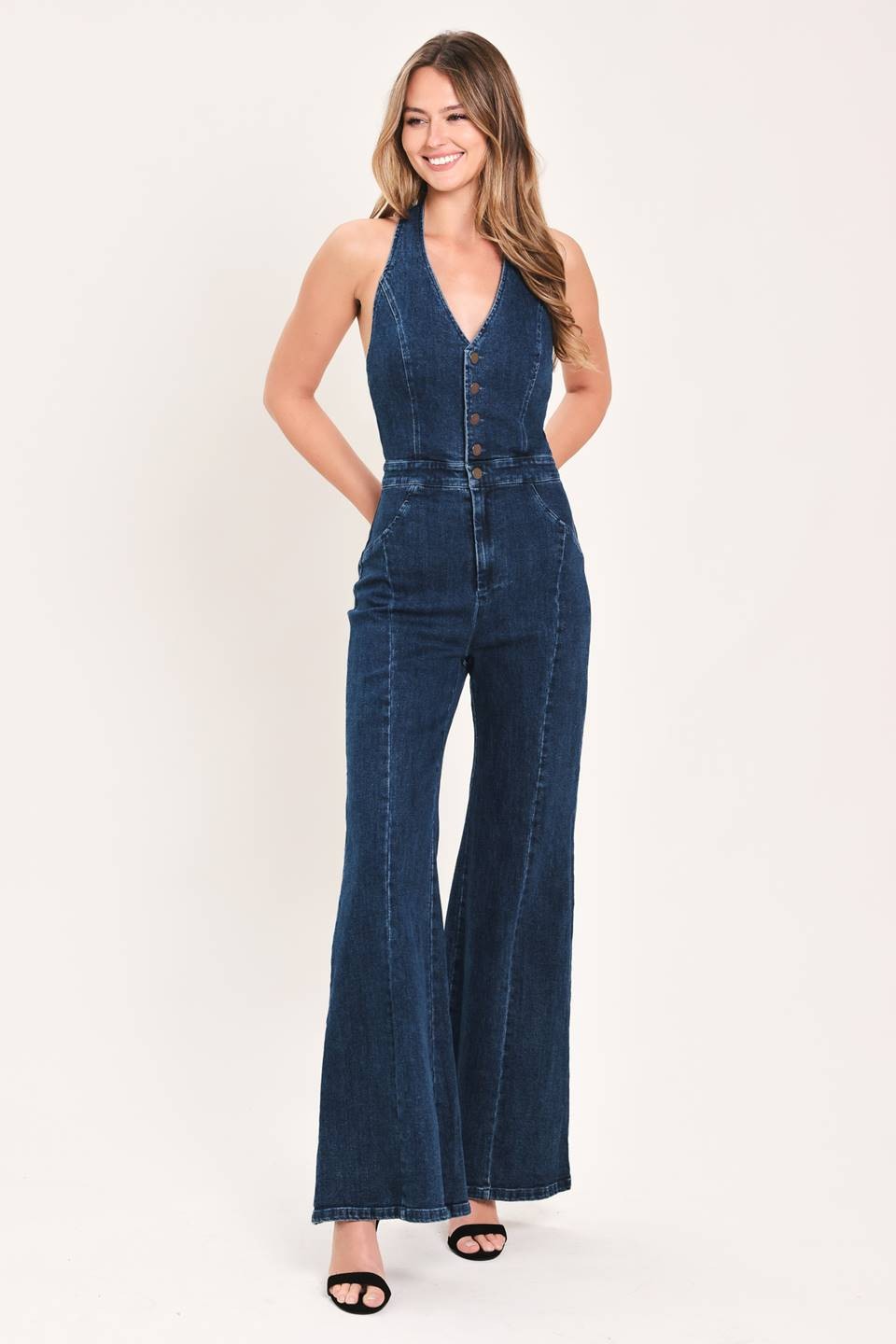 open back halter denim flared jumpsuit