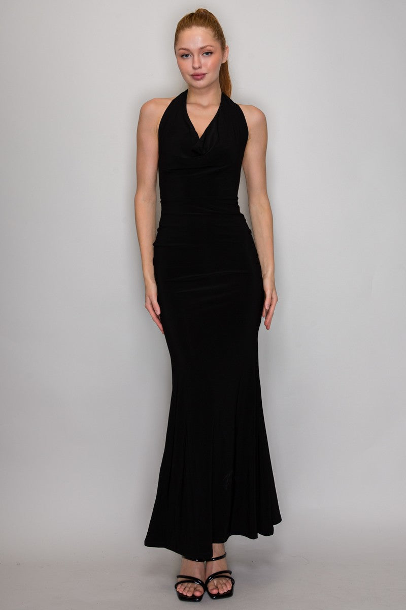 Cowl Neck Mermaid Halter Maxi Dress