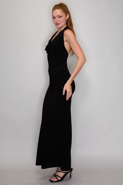 Cowl Neck Mermaid Halter Maxi Dress