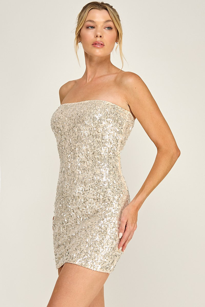 Mesh W/ Beads Sequin Strapless Mini Dress
