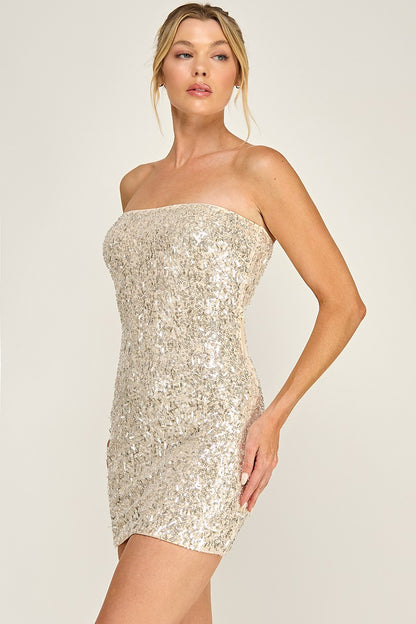 Mesh W/ Beads Sequin Strapless Mini Dress