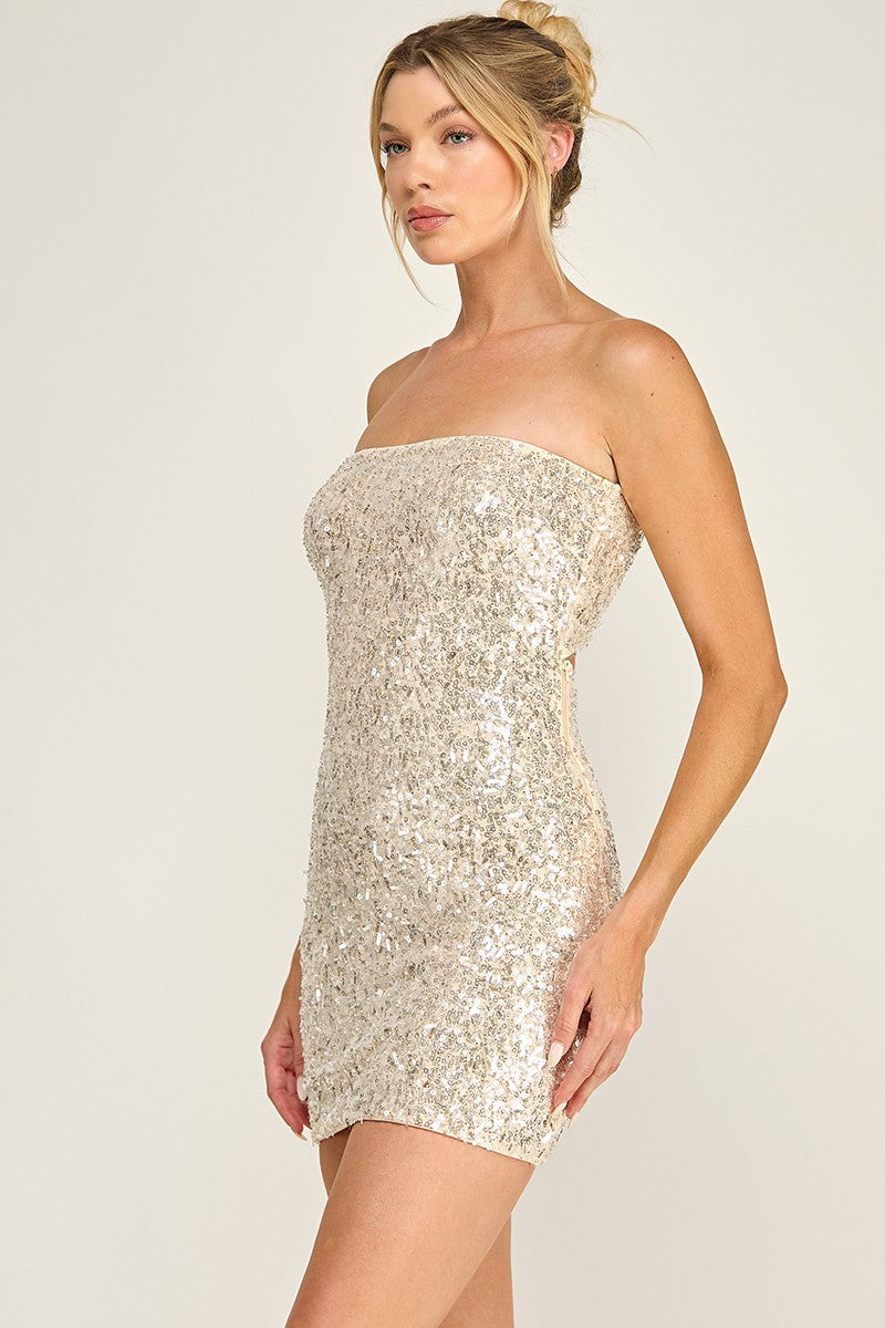 Mesh W/ Beads Sequin Strapless Mini Dress