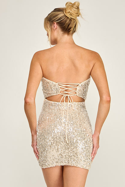 Mesh W/ Beads Sequin Strapless Mini Dress