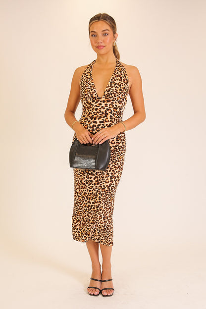 Leopard Print Halter Midi Dress
