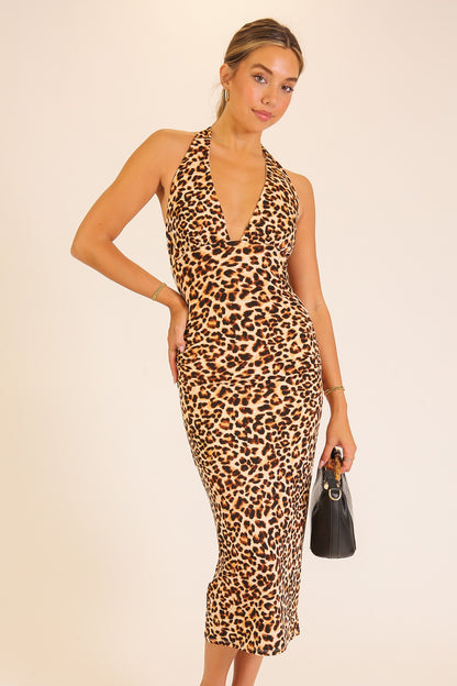 Leopard Print Halter Midi Dress