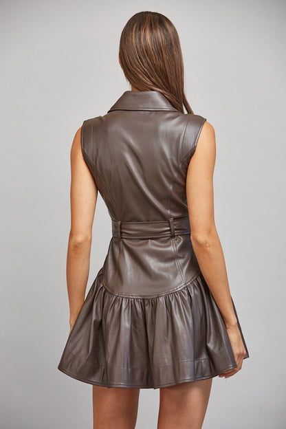 Faux Leather Belted Drop Waist Flare Dress