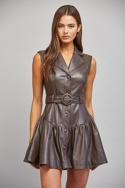 Faux Leather Belted Drop Waist Flare Dress