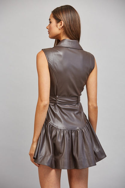 Faux Leather Belted Drop Waist Flare Dress