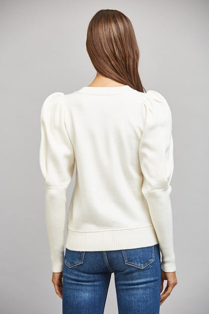 Puff sleeve crew neck long sleeve sweater top