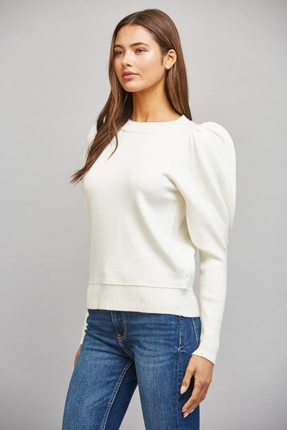 Puff sleeve crew neck long sleeve sweater top