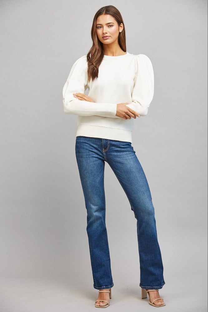 Puff sleeve crew neck long sleeve sweater top