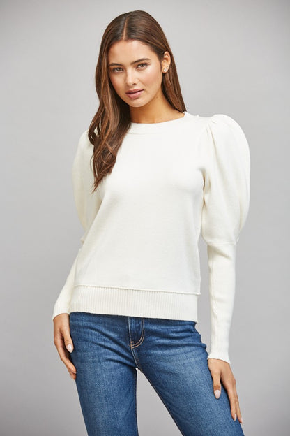 Puff sleeve crew neck long sleeve sweater top