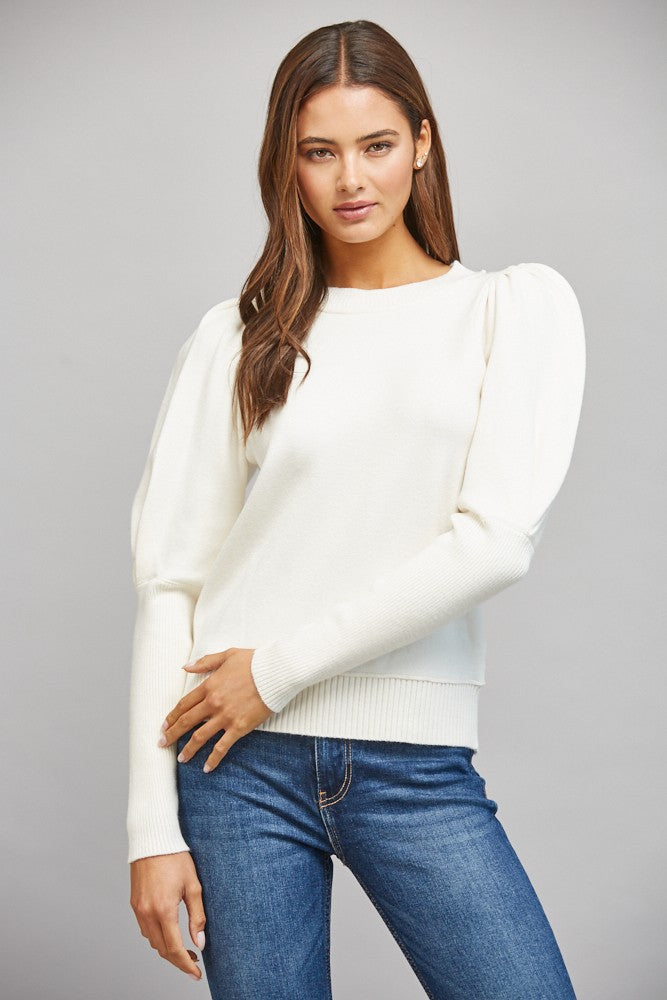 Puff sleeve crew neck long sleeve sweater top