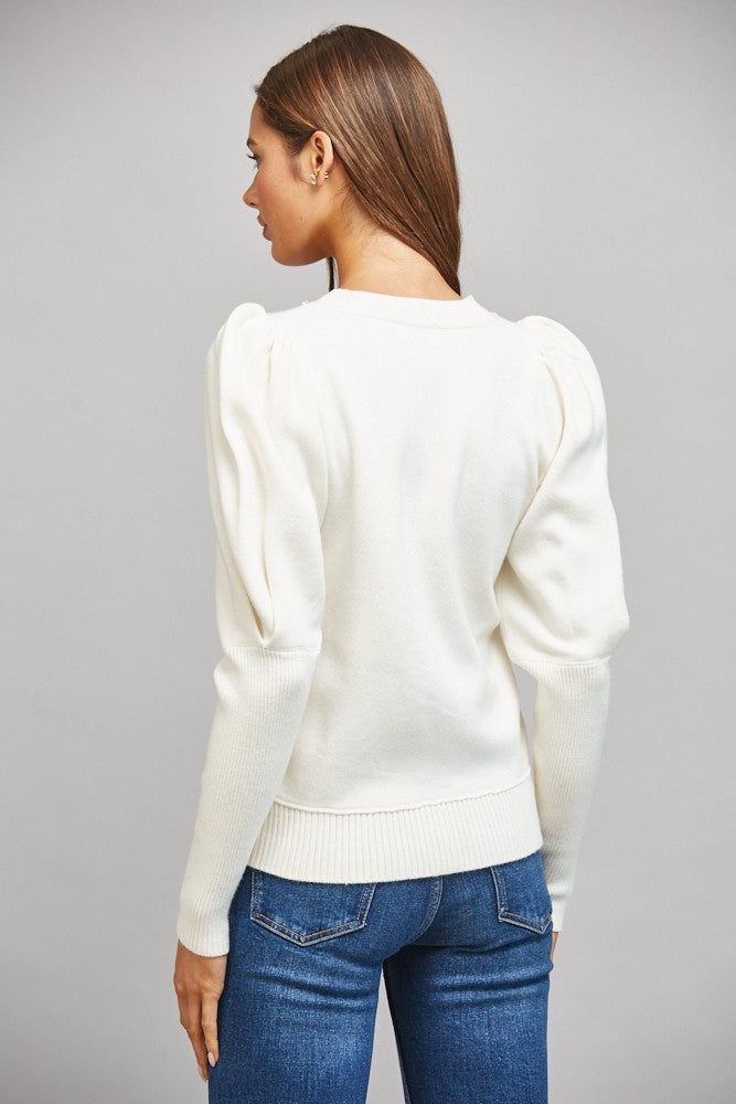 Puff sleeve crew neck long sleeve sweater top