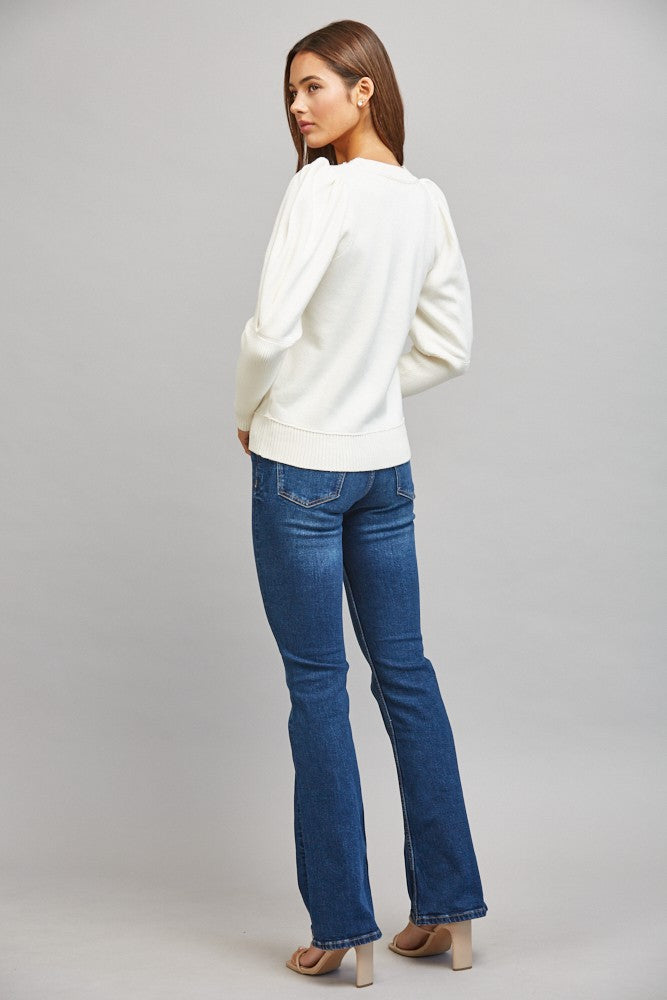 Puff sleeve crew neck long sleeve sweater top