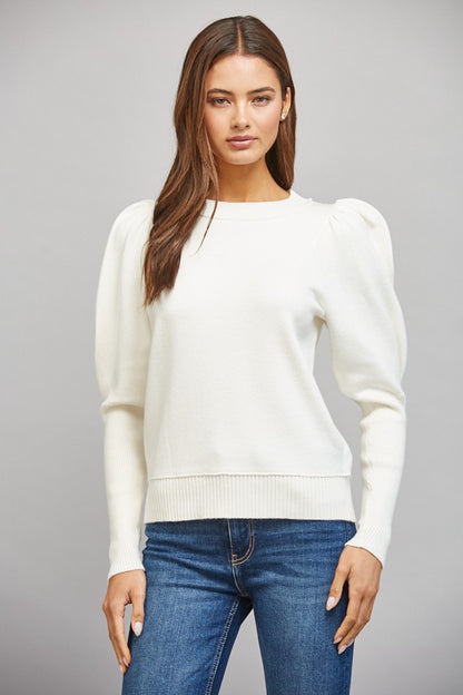 Puff sleeve crew neck long sleeve sweater top