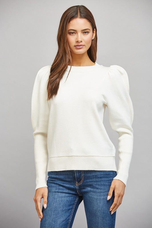 Puff sleeve crew neck long sleeve sweater top