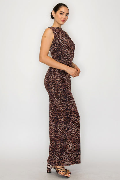 Leopard Mesh Mock Neck Sleeveless Maxi Dress