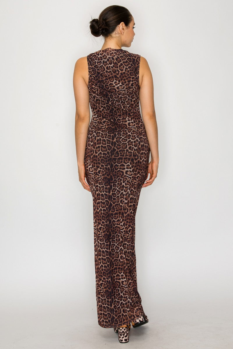 Leopard Mesh Mock Neck Sleeveless Maxi Dress