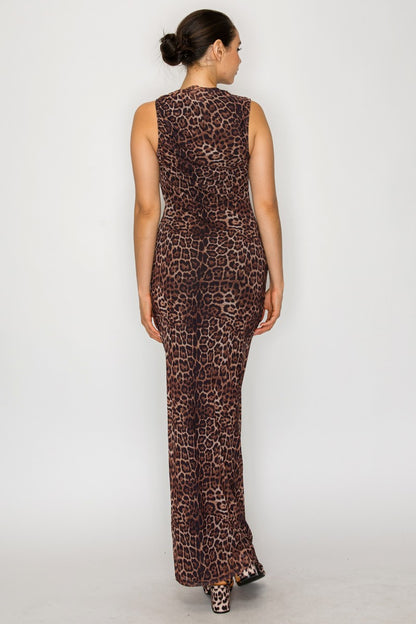 Leopard Mesh Mock Neck Sleeveless Maxi Dress