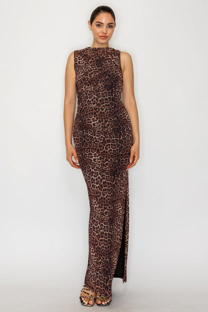 Leopard Mesh Mock Neck Sleeveless Maxi Dress