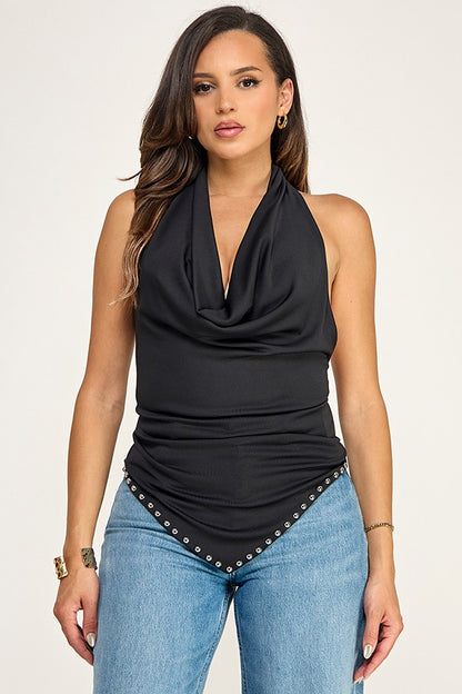 Studded Detail with Cowl Front Halter Sleeveless Knit Top