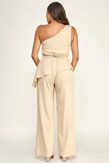Flower Belt One Shoulder Diagonal Hem Jumpsuit