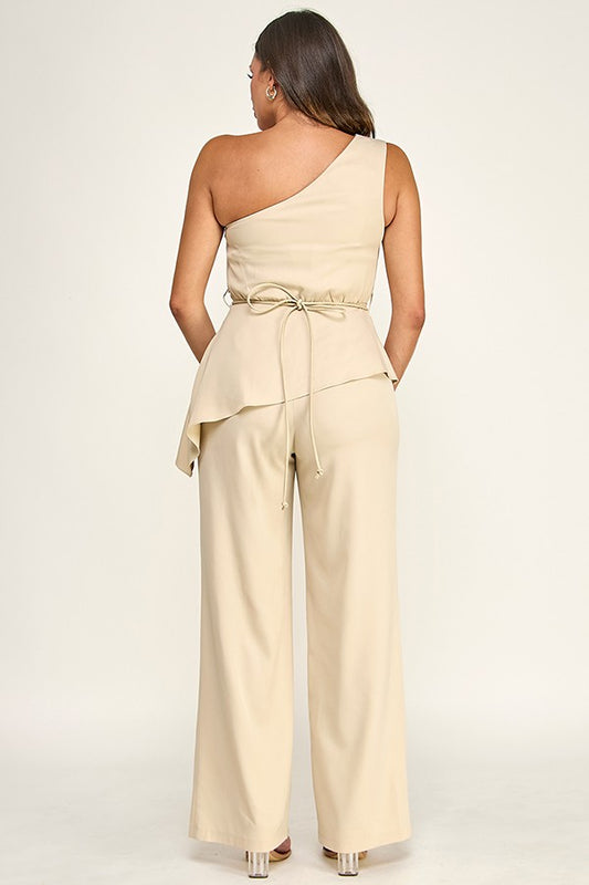 Flower Belt One Shoulder Diagonal Hem Jumpsuit