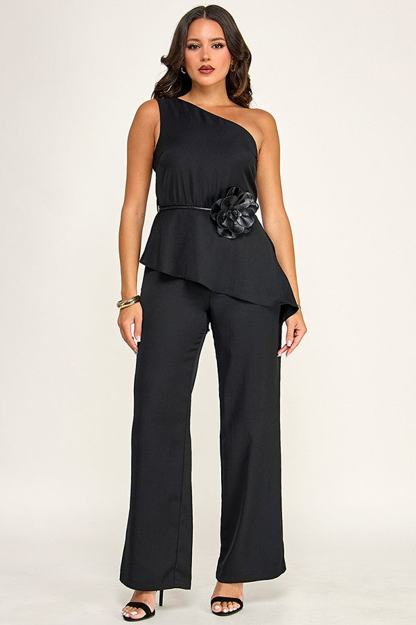 Flower Belt One Shoulder Diagonal Hem Jumpsuit
