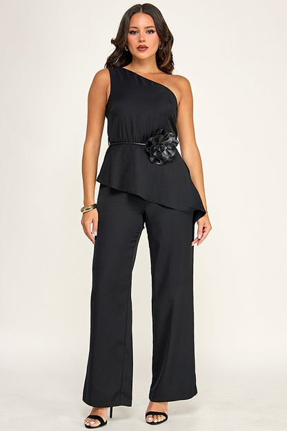 Flower Belt One Shoulder Diagonal Hem Jumpsuit