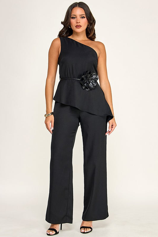 Flower Belt One Shoulder Diagonal Hem Jumpsuit