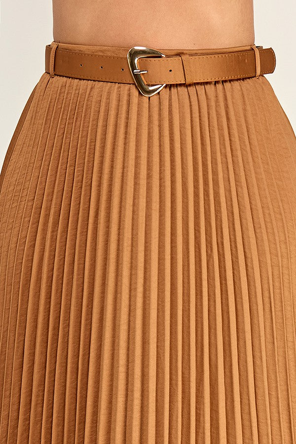 Pleated Midi Skirt with Faux Suede Belt