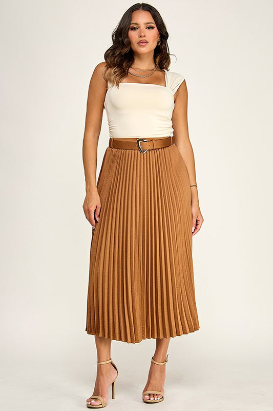 Pleated Midi Skirt with Faux Suede Belt