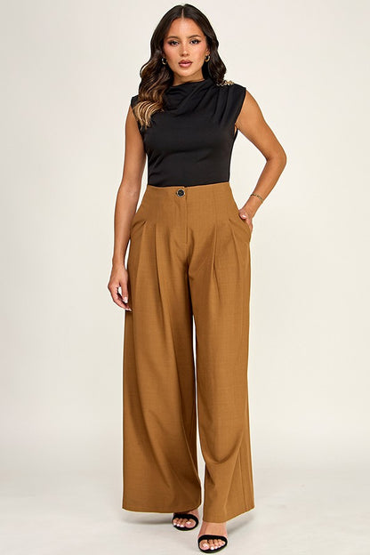 high waist peated wide leg pants