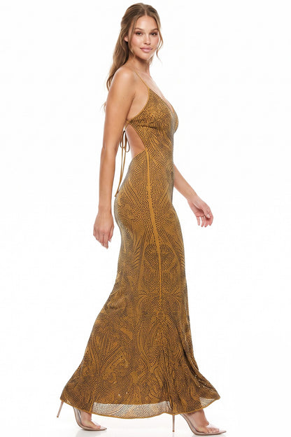 Patterned Rhinestone Open Back Sleeveless Mermaid Maxi Dress