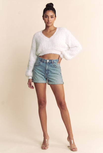 V Long Sleeve Soft Fuzzy Sweater Crop Top