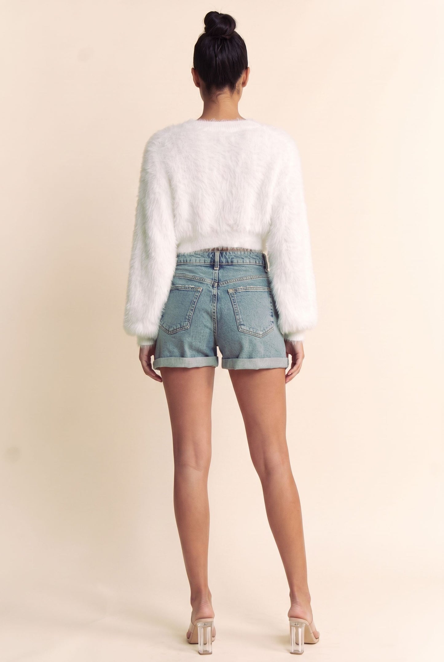V Long Sleeve Soft Fuzzy Sweater Crop Top