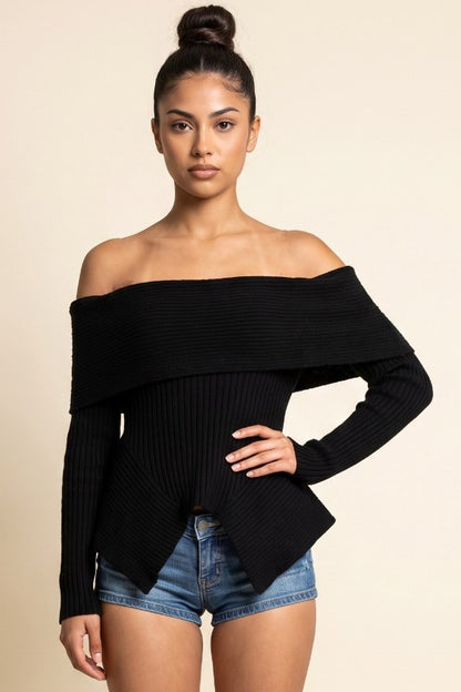 Off the Shoulder Long Sleeve Uneven Hem Knit Top