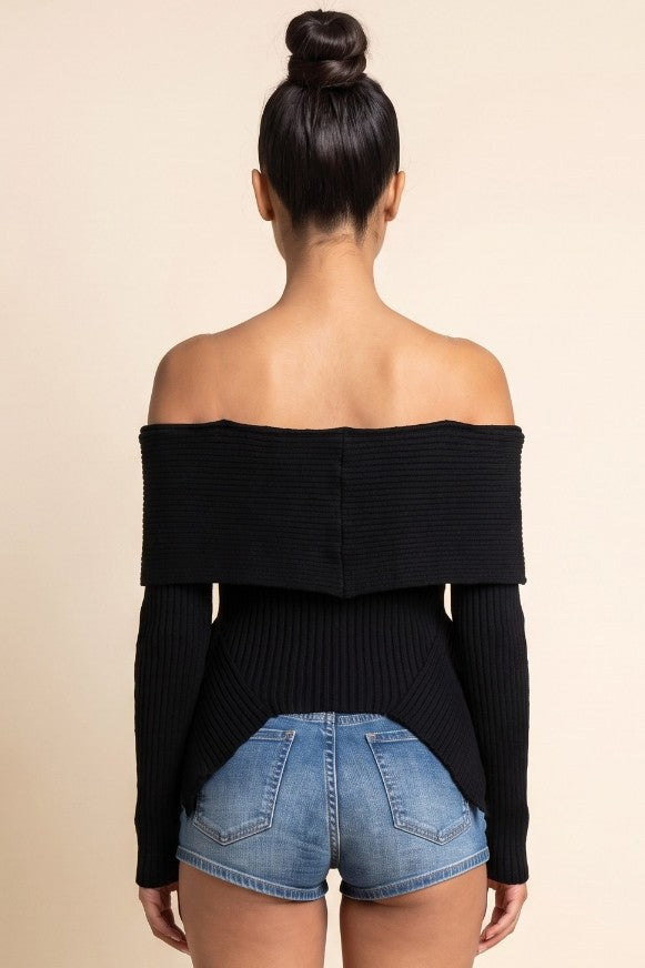 Off the Shoulder Long Sleeve Uneven Hem Knit Top
