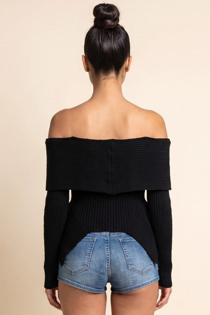 Off the Shoulder Long Sleeve Uneven Hem Knit Top